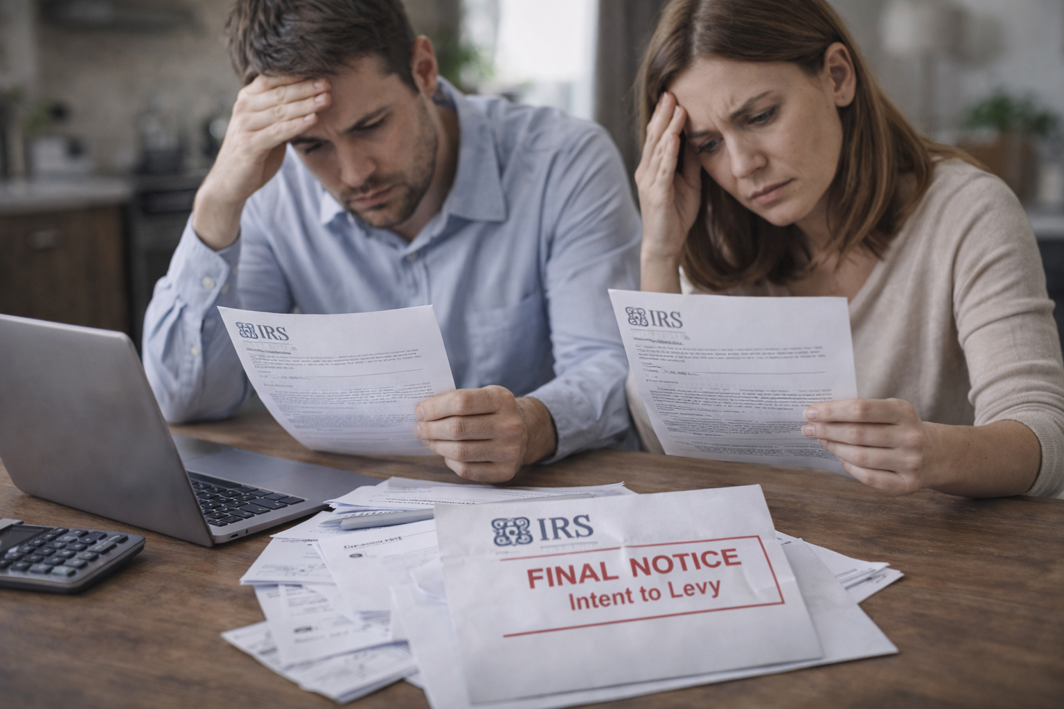 Couple reviewing IRS letters and final notice of intent to levy