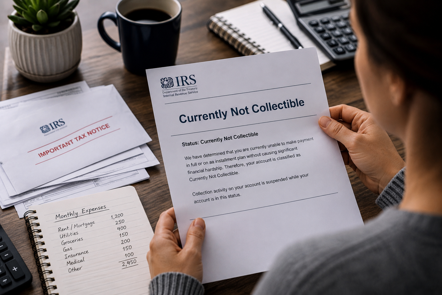 Taxpayer reviewing IRS Currently Not Collectible status notice for financial hardship relief