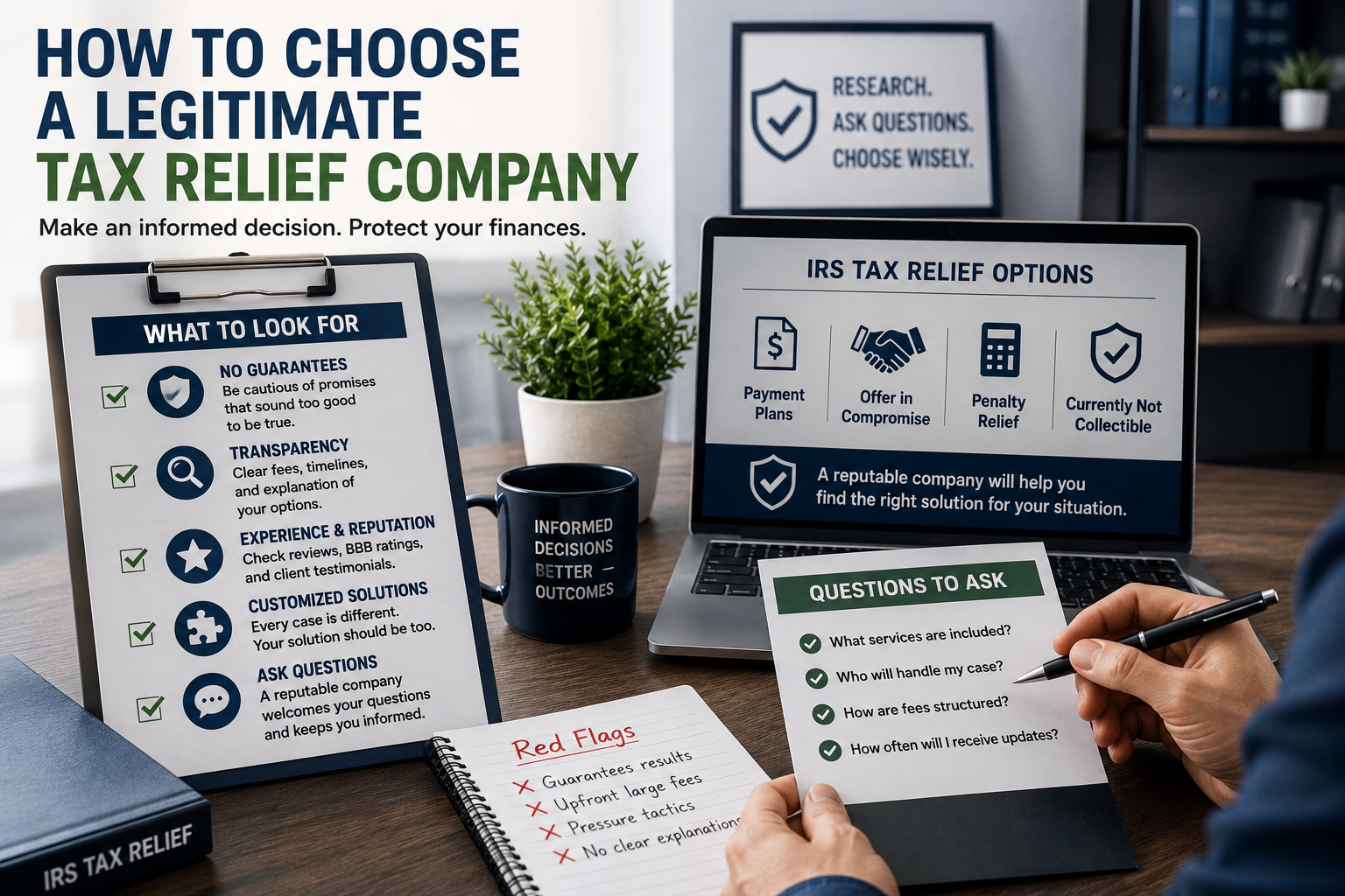 Person researching how to choose a legitimate tax relief company for IRS tax debt help