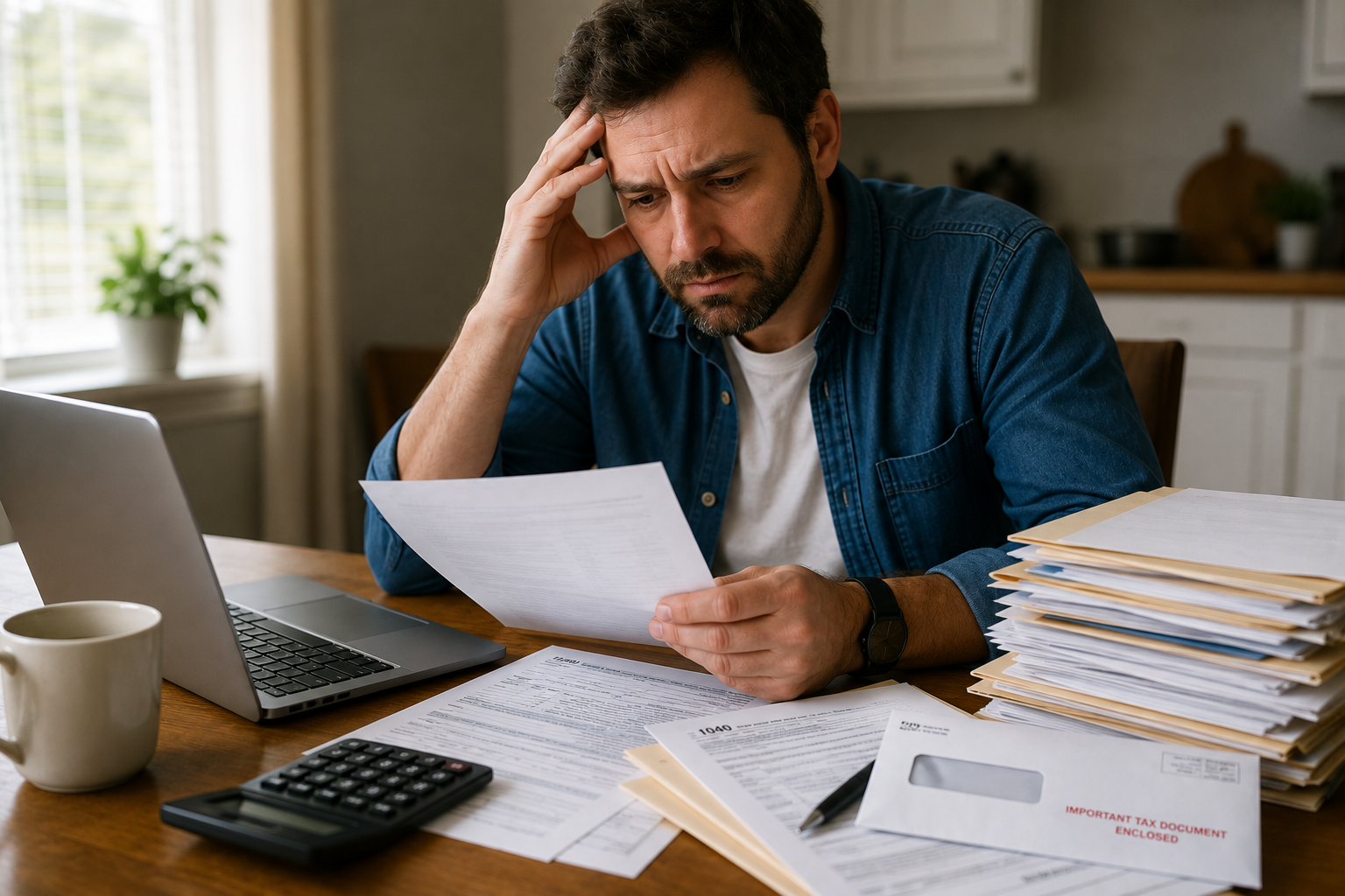 Taxpayer reviewing unfiled tax returns and IRS documents at home