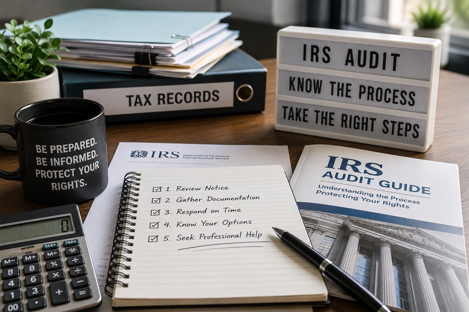 IRS audit preparation desk with organized tax records, financial documents, and calculator