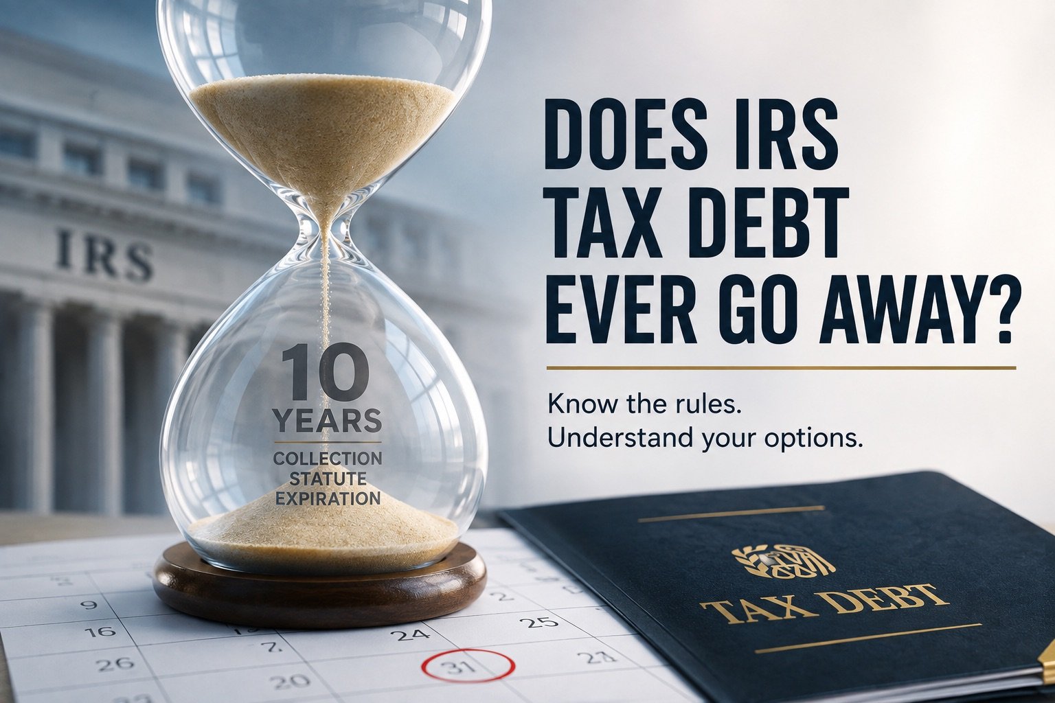 Hourglass representing the IRS collection period and how long tax debt may remain collectible